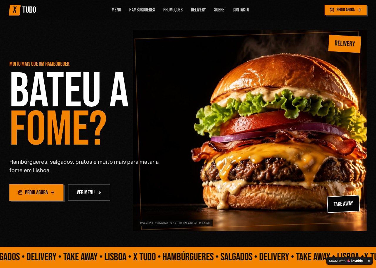Mockup do X Tudo — Hamburgueria em Lisboa